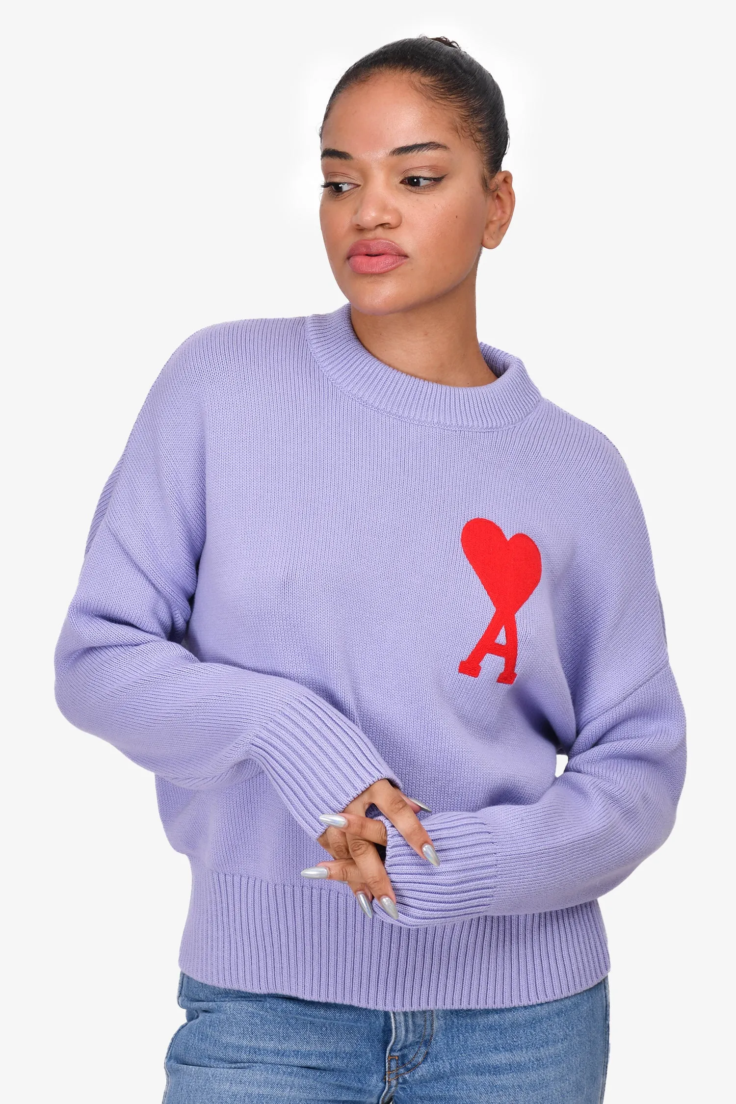 Ami Purple/Red Embroidered Heart Logo Crew Neck Sweater Size S