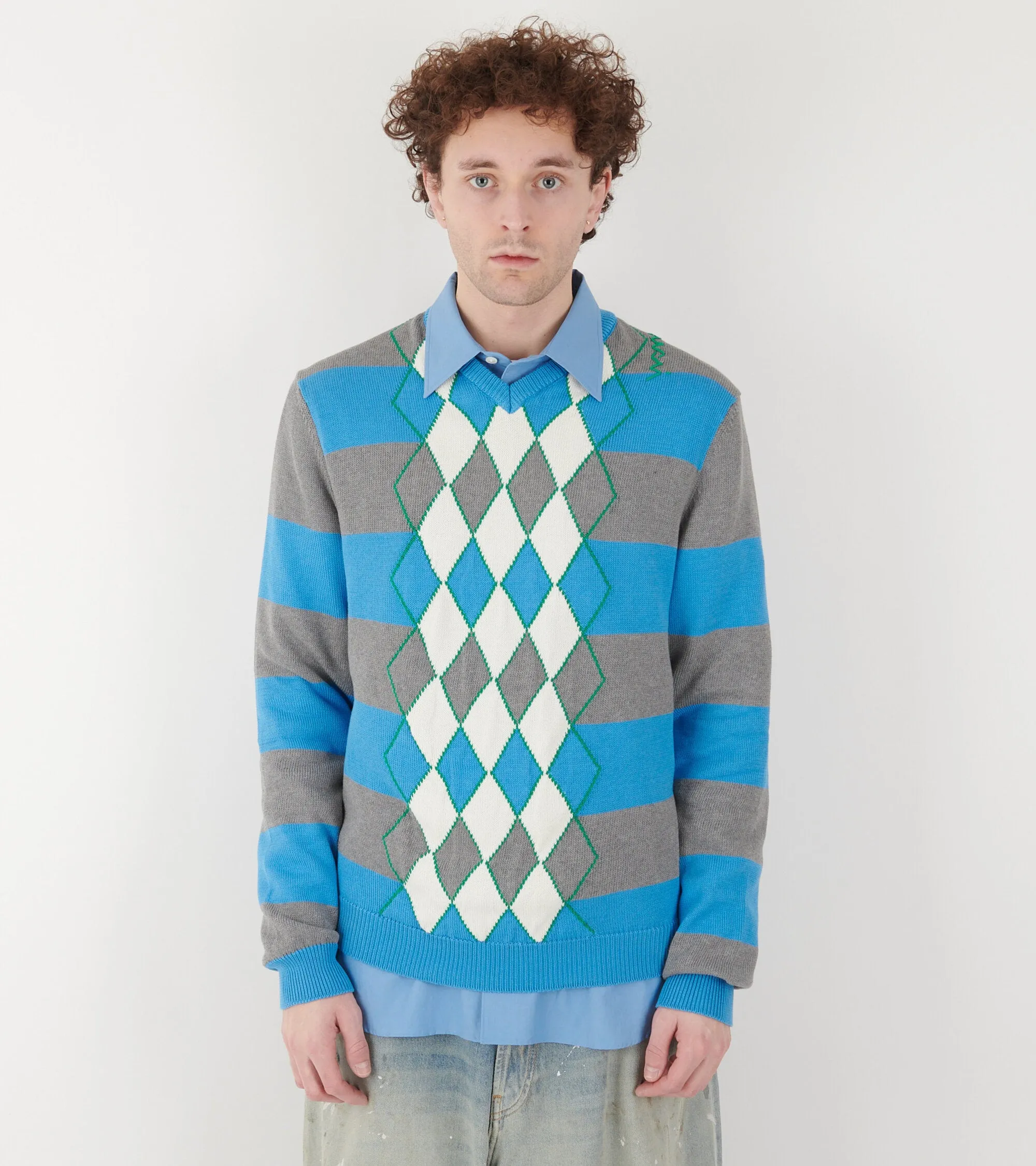 Argyle V-neck Sweater Azure