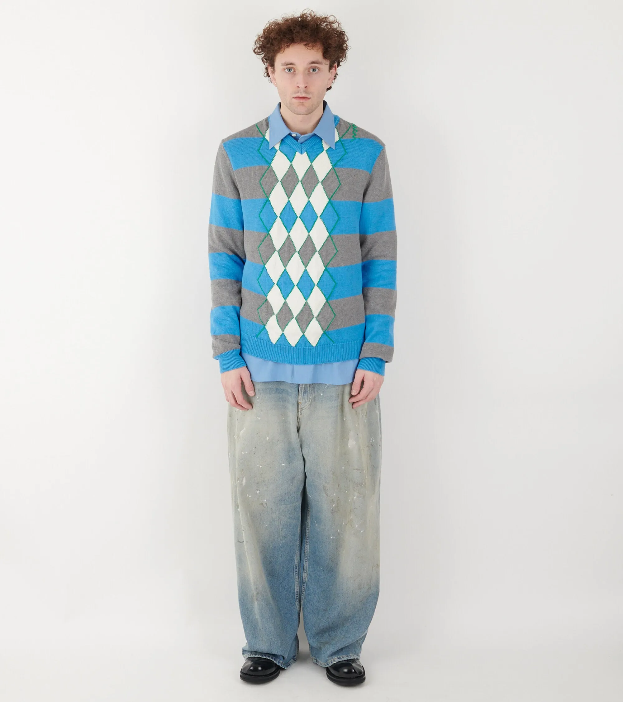 Argyle V-neck Sweater Azure