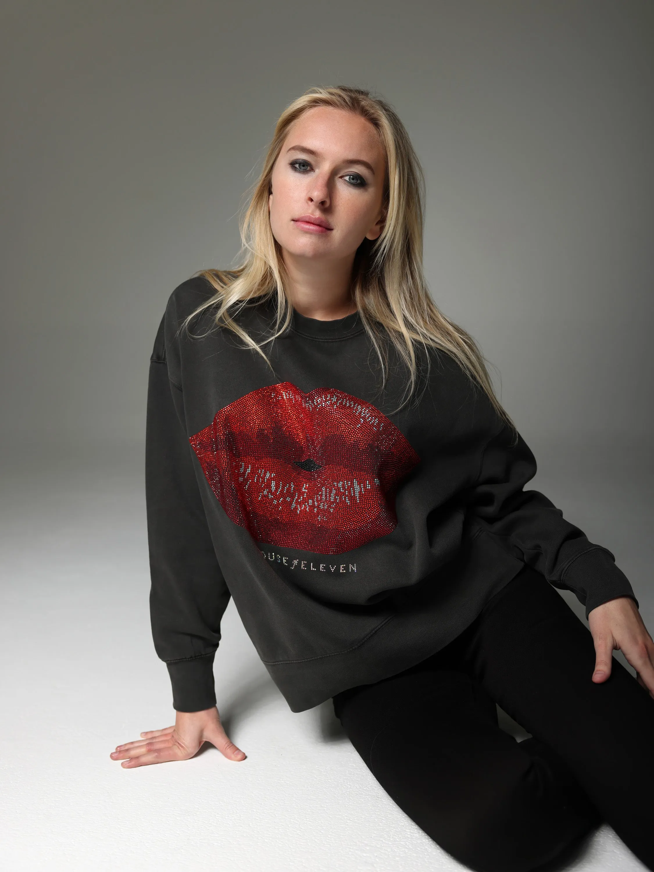 Bedazzled Big Lips Charcoal Sweater
