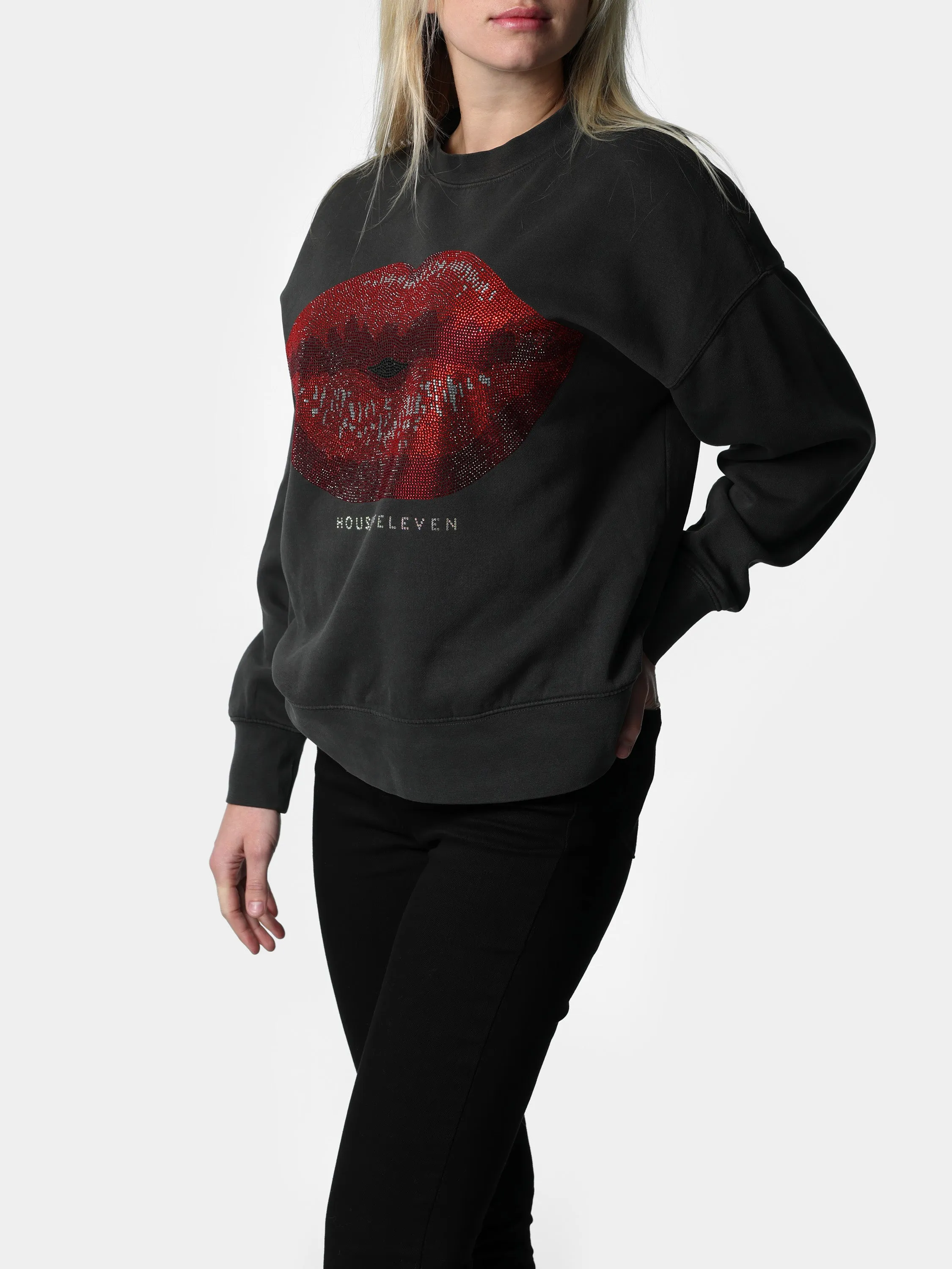 Bedazzled Big Lips Charcoal Sweater