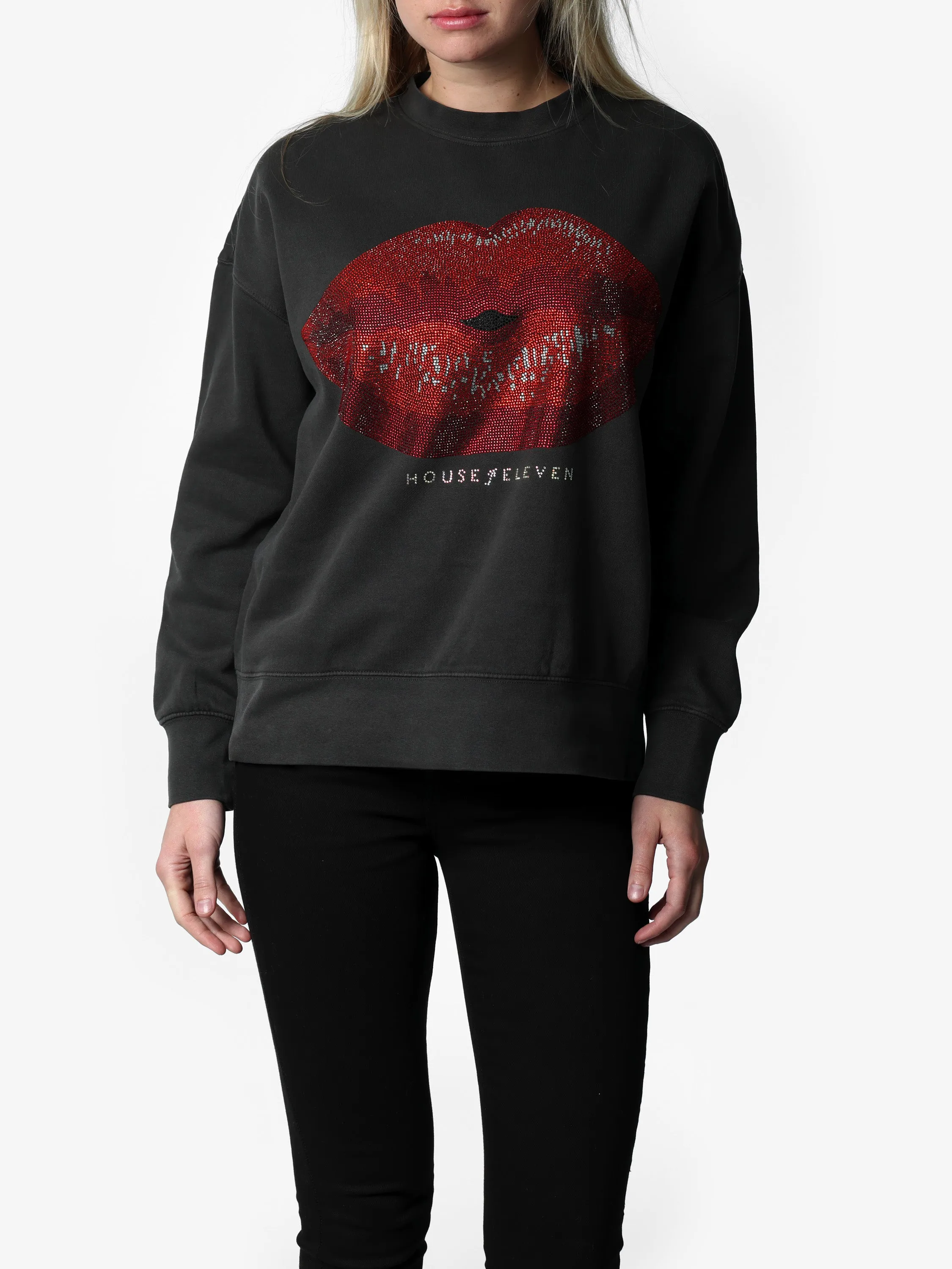 Bedazzled Big Lips Charcoal Sweater