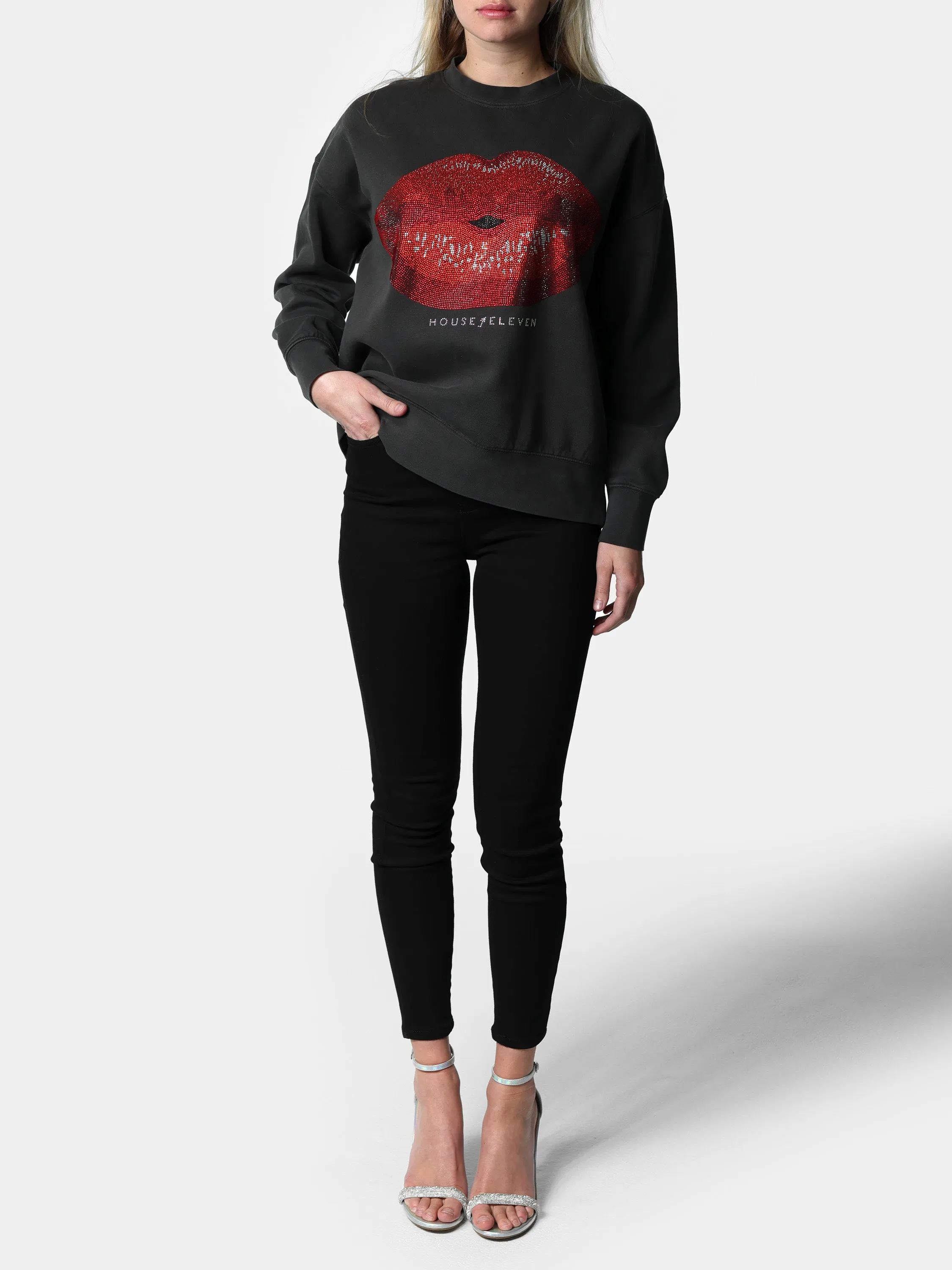 Bedazzled Big Lips Charcoal Sweater