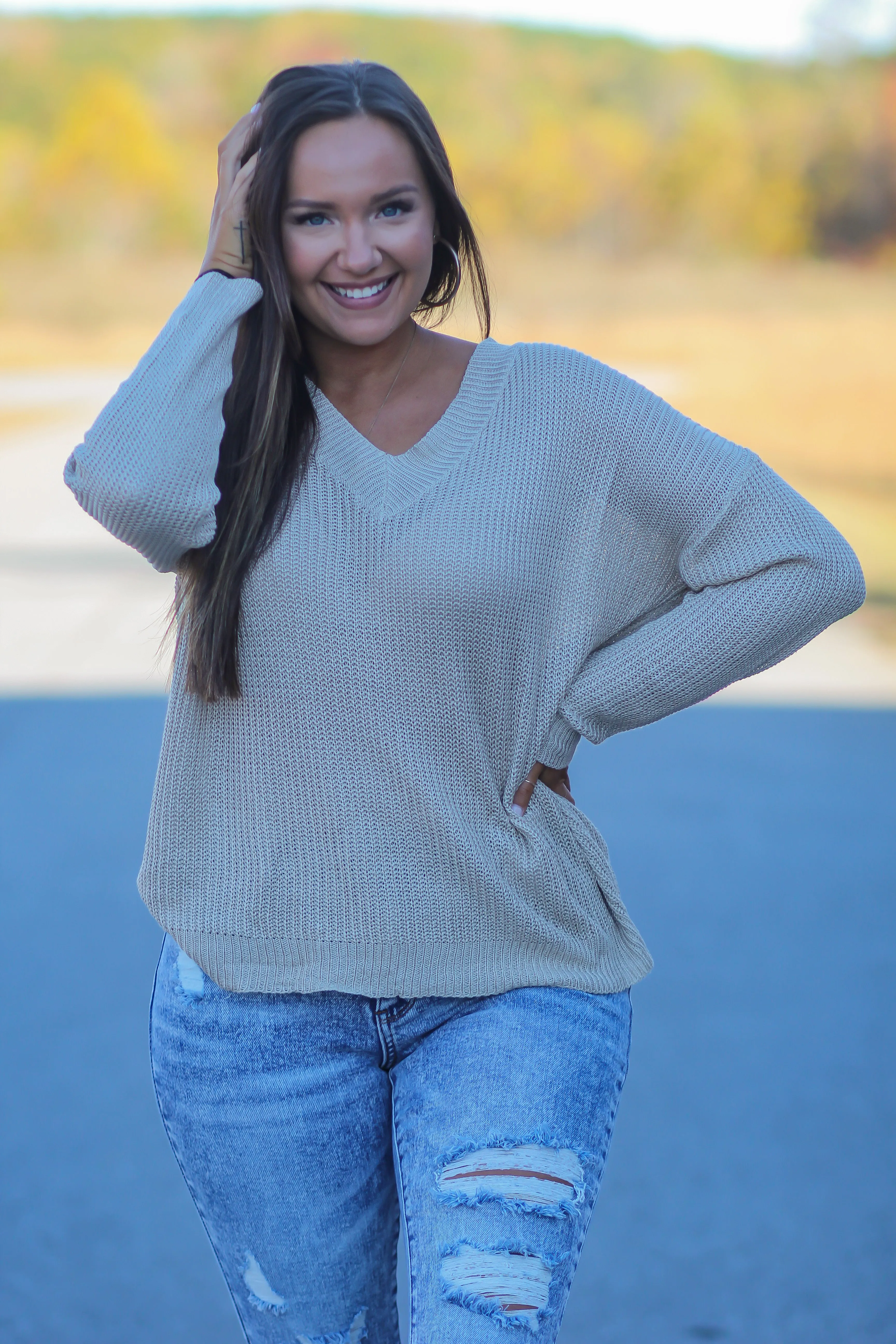 Beige V Neck Lightweight Sweater