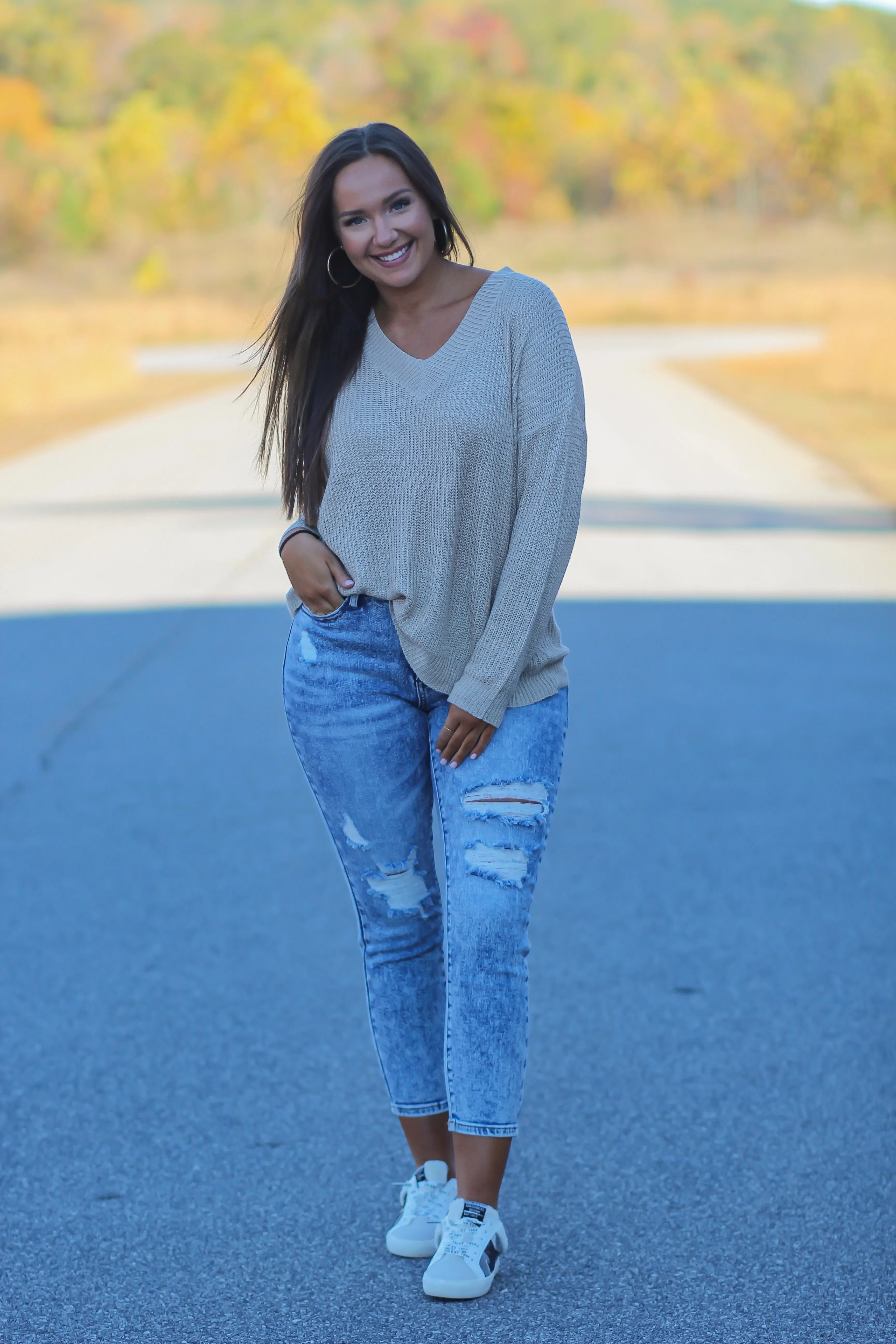 Beige V Neck Lightweight Sweater