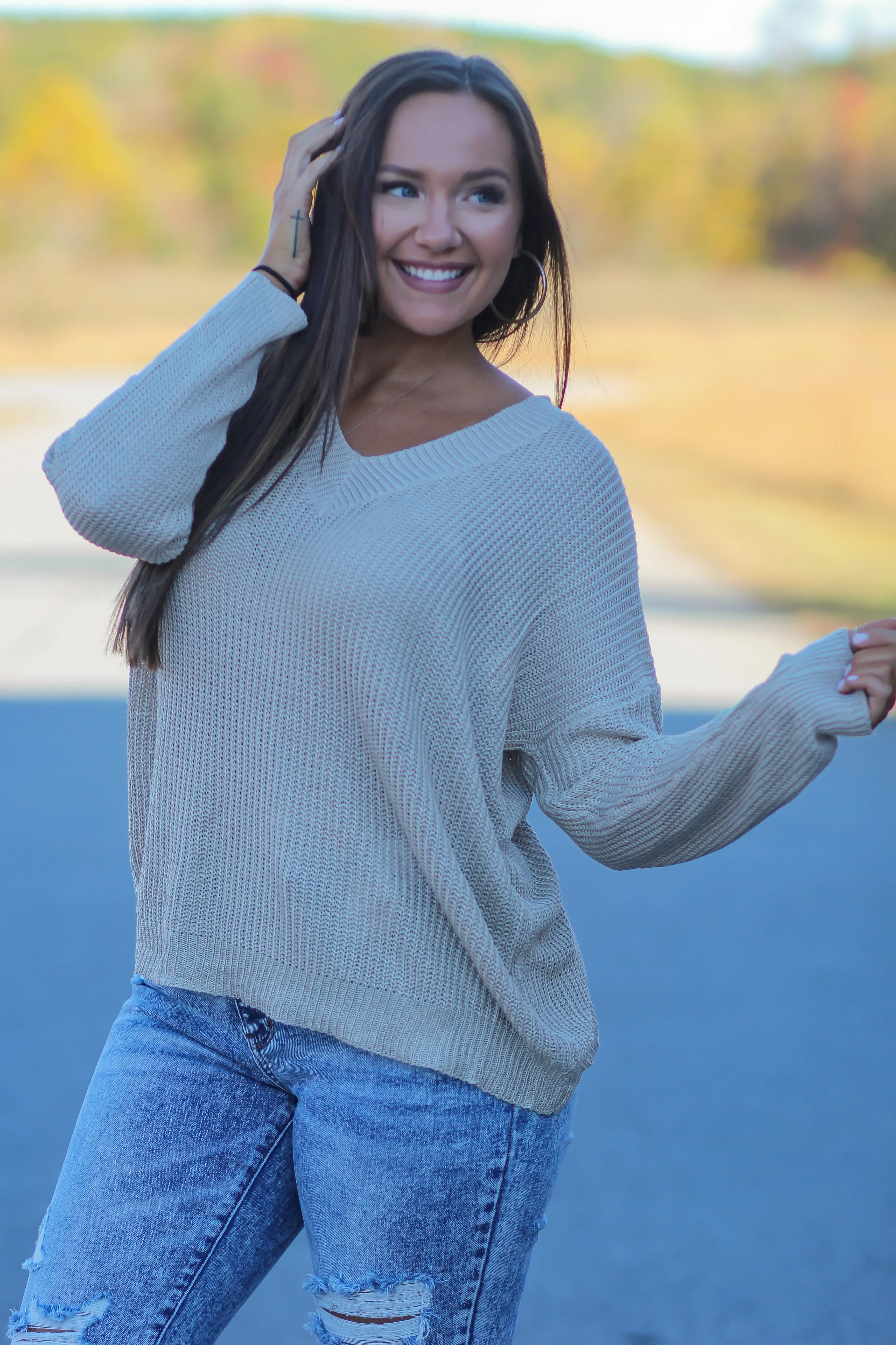 Beige V Neck Lightweight Sweater