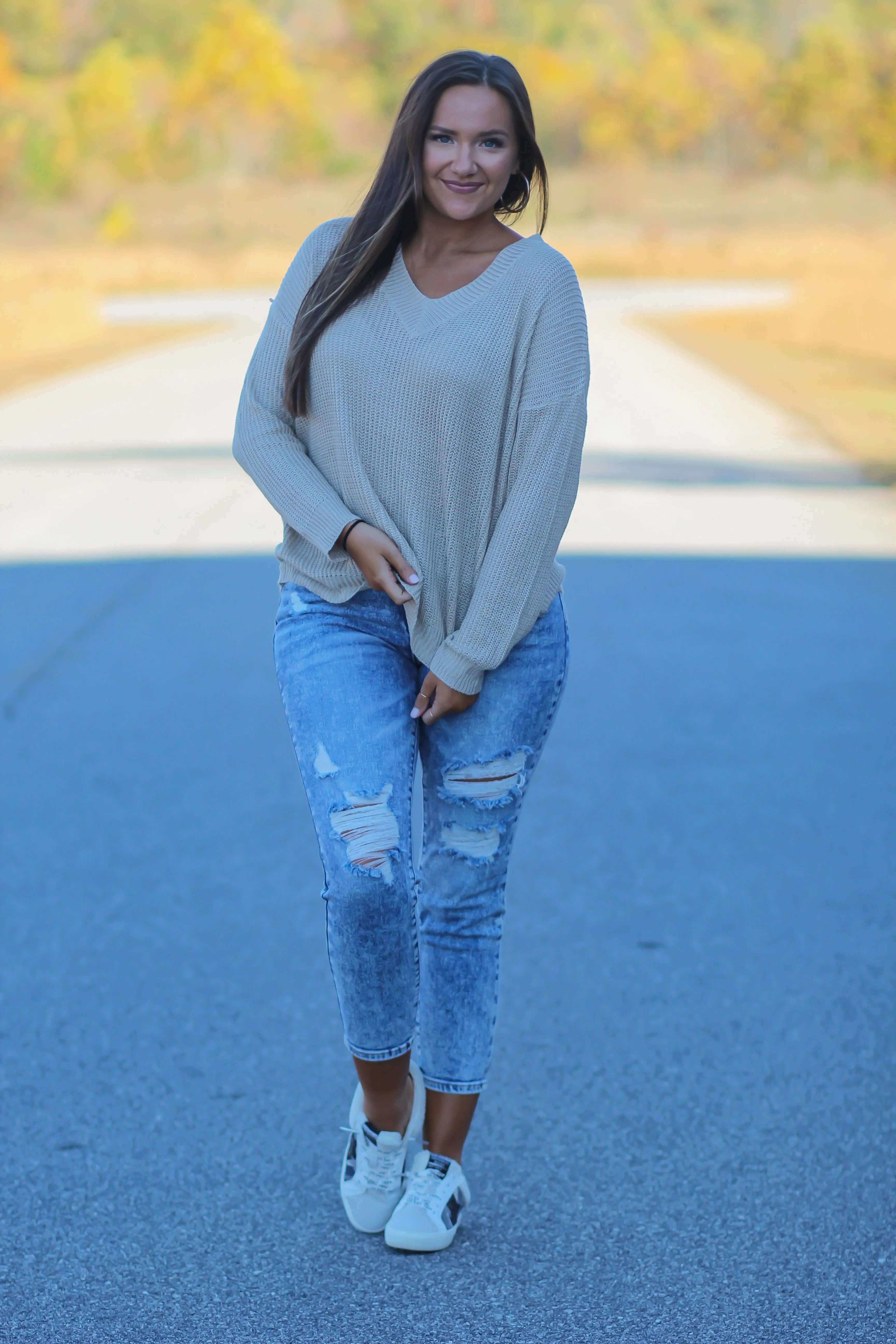 Beige V Neck Lightweight Sweater