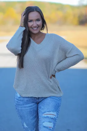 Beige V Neck Lightweight Sweater