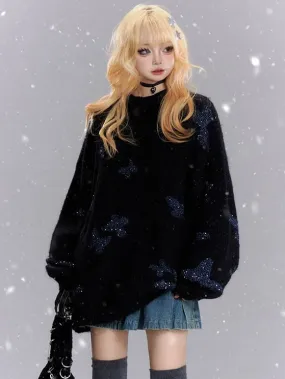 Black Butterfly Rhinestones Loose Sweater