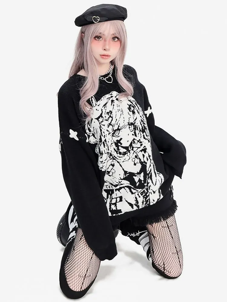 Black Girl Pattern Round Neck Loose Sweater