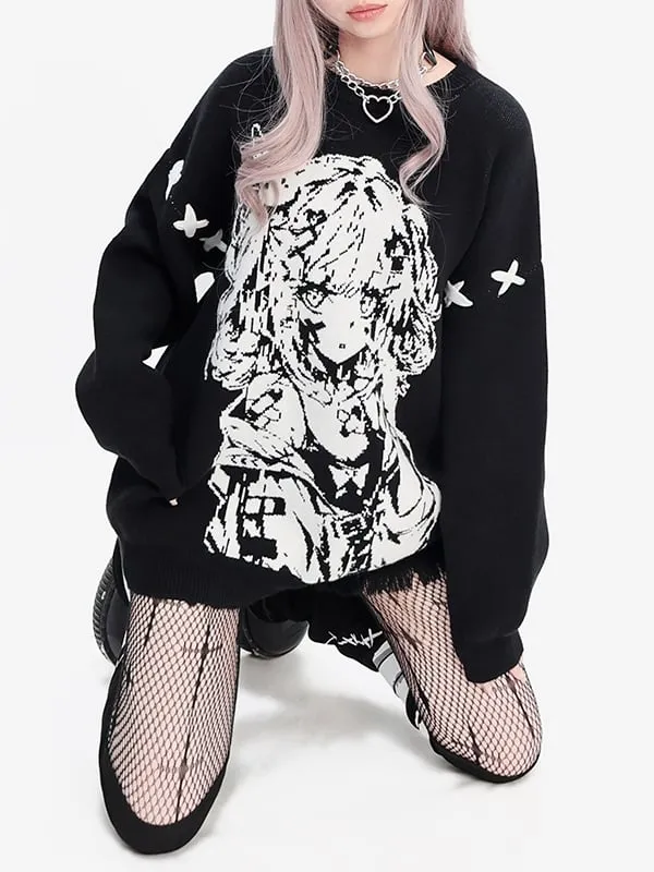 Black Girl Pattern Round Neck Loose Sweater
