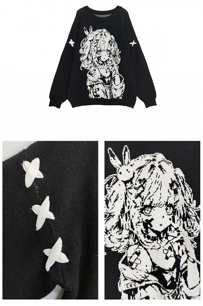 Black Girl Pattern Round Neck Loose Sweater
