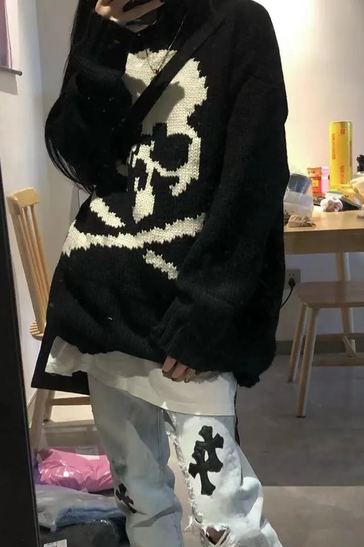 Black Skull Print Hollow Out Knit Sweater