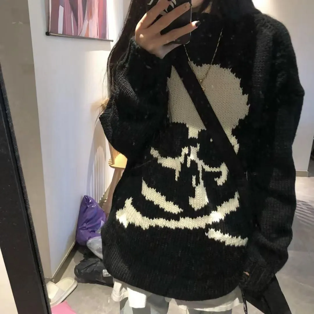 Black Skull Print Hollow Out Knit Sweater