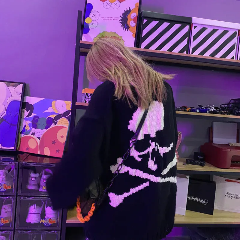Black Skull Print Hollow Out Knit Sweater