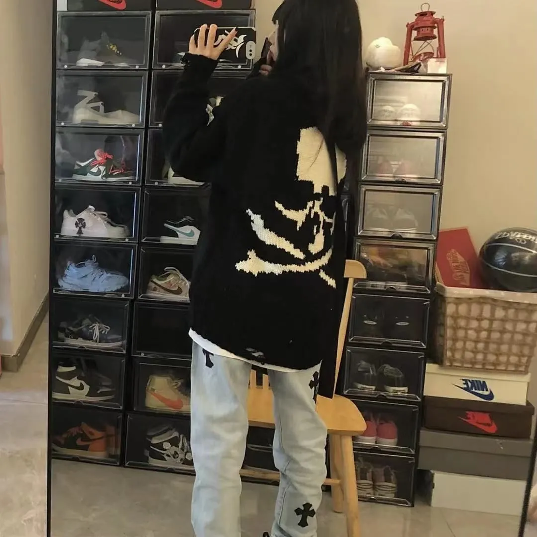 Black Skull Print Hollow Out Knit Sweater