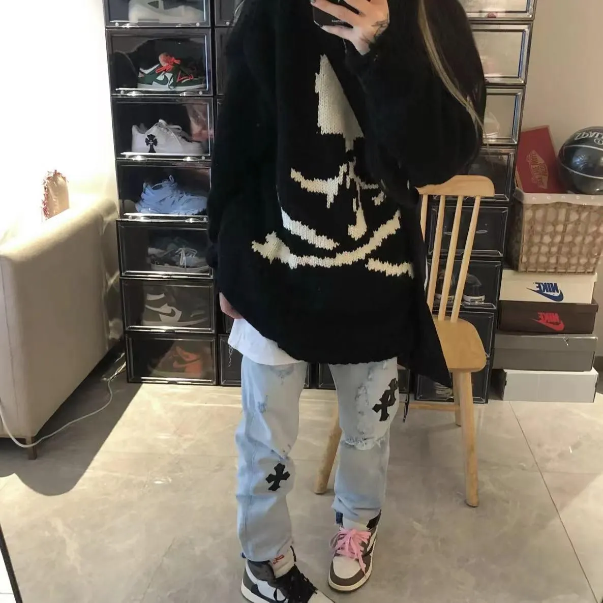 Black Skull Print Hollow Out Knit Sweater