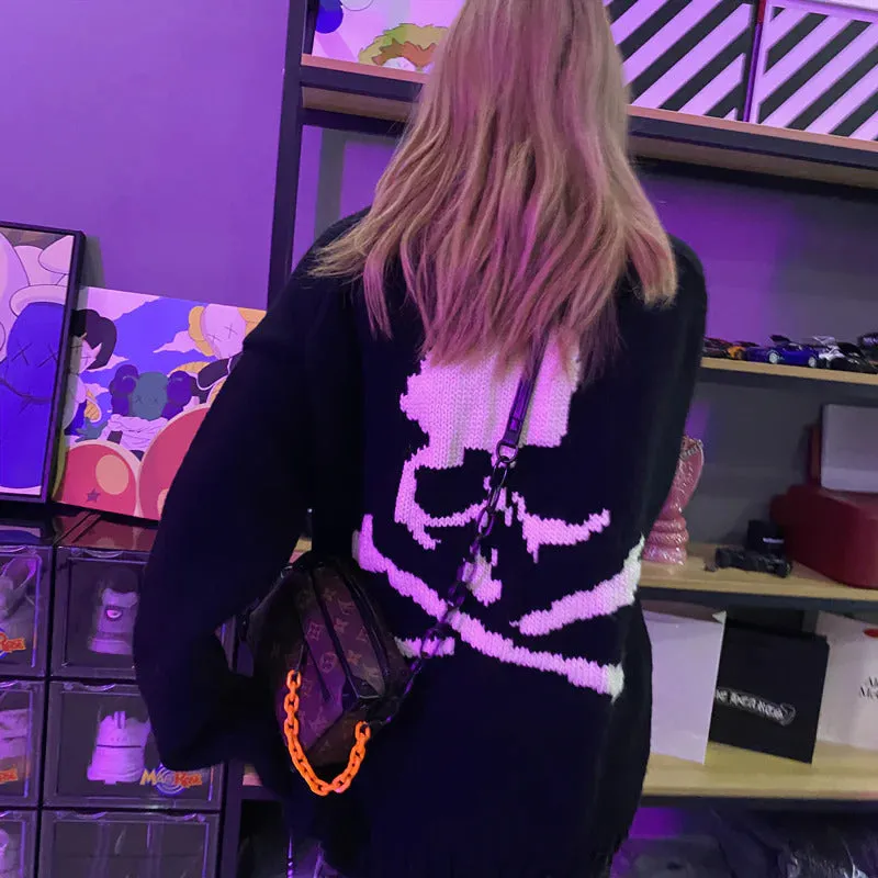 Black Skull Print Hollow Out Knit Sweater