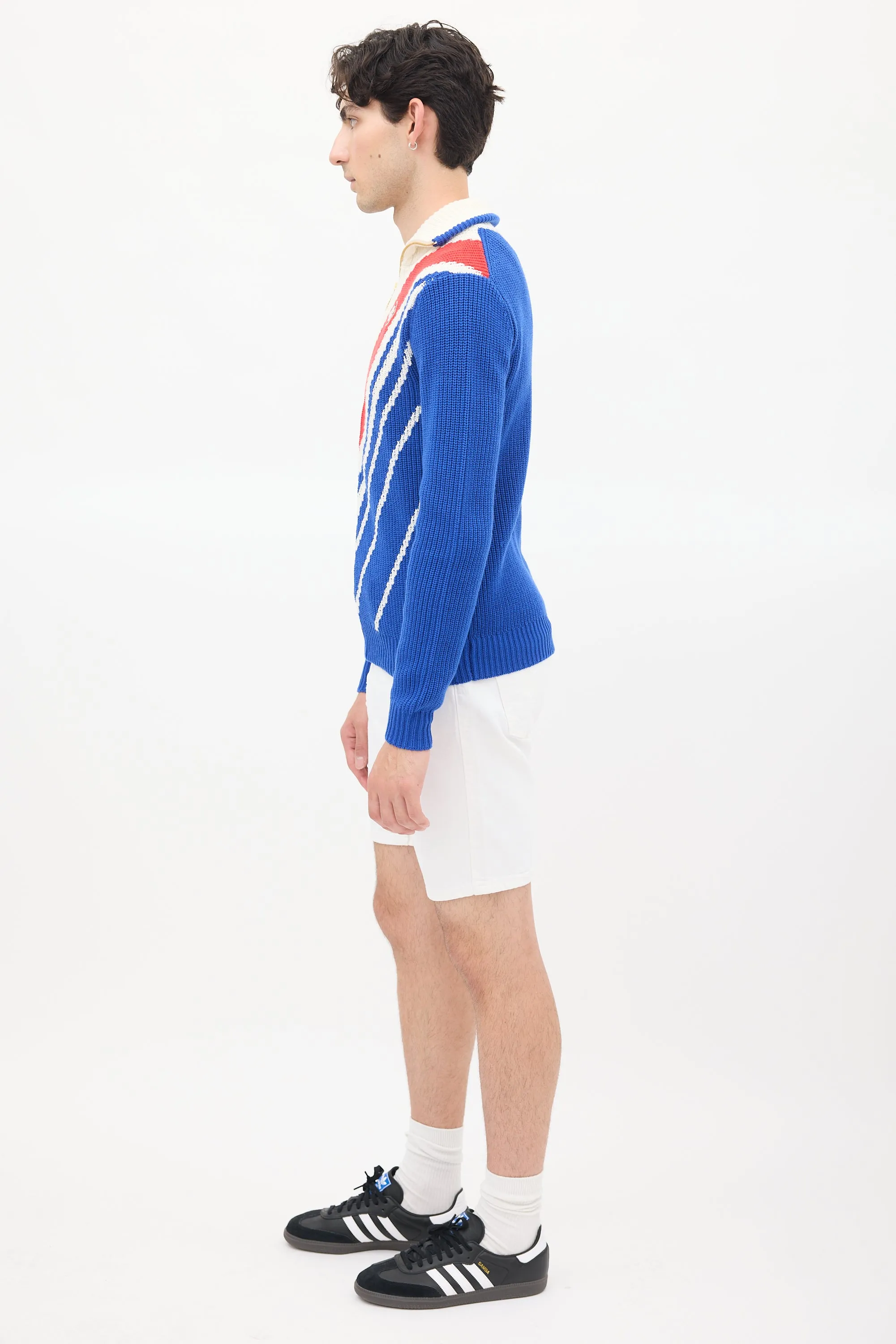 Blue & Multicolour Wool Knit Chevron Zip Sweater