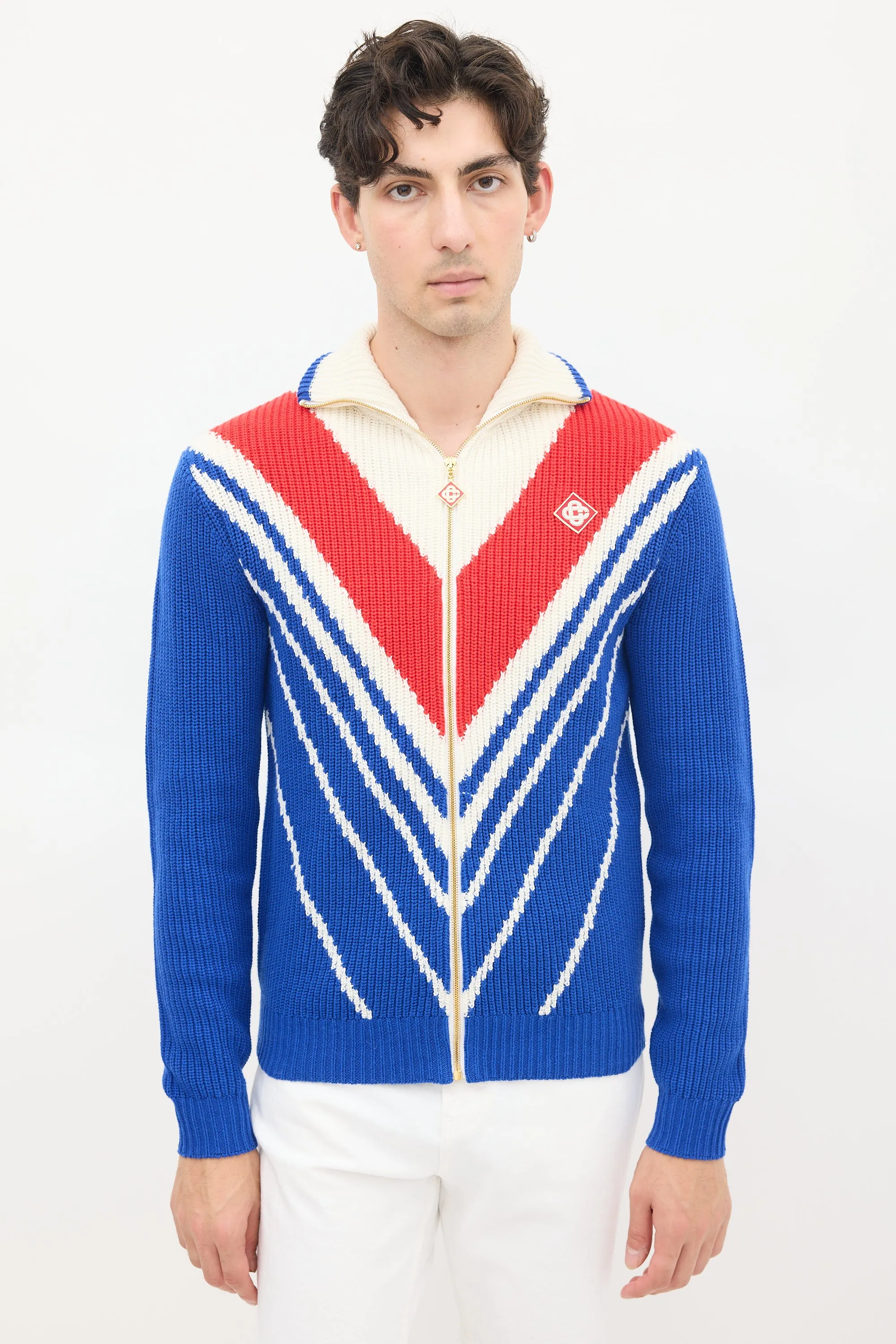 Blue & Multicolour Wool Knit Chevron Zip Sweater