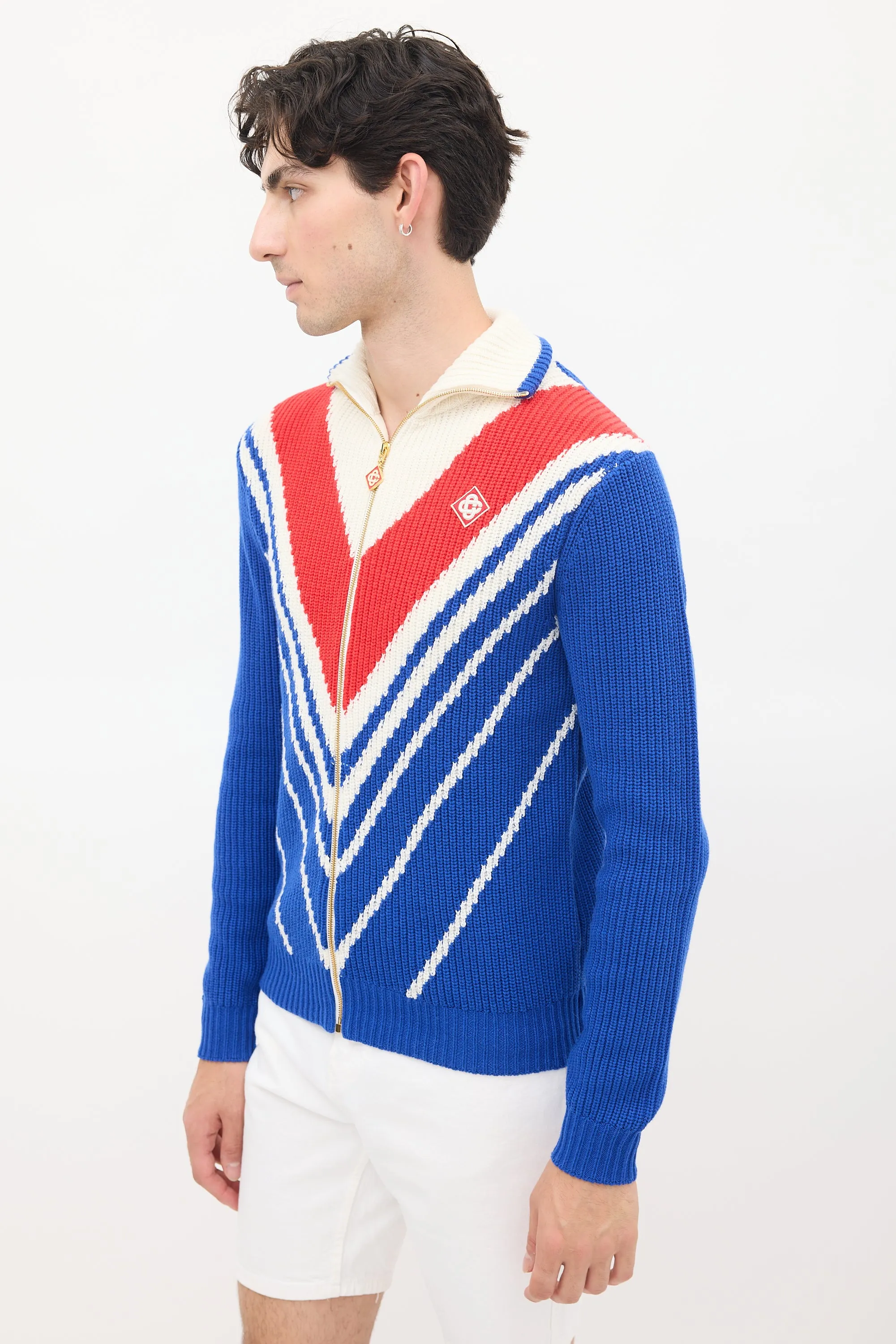 Blue & Multicolour Wool Knit Chevron Zip Sweater