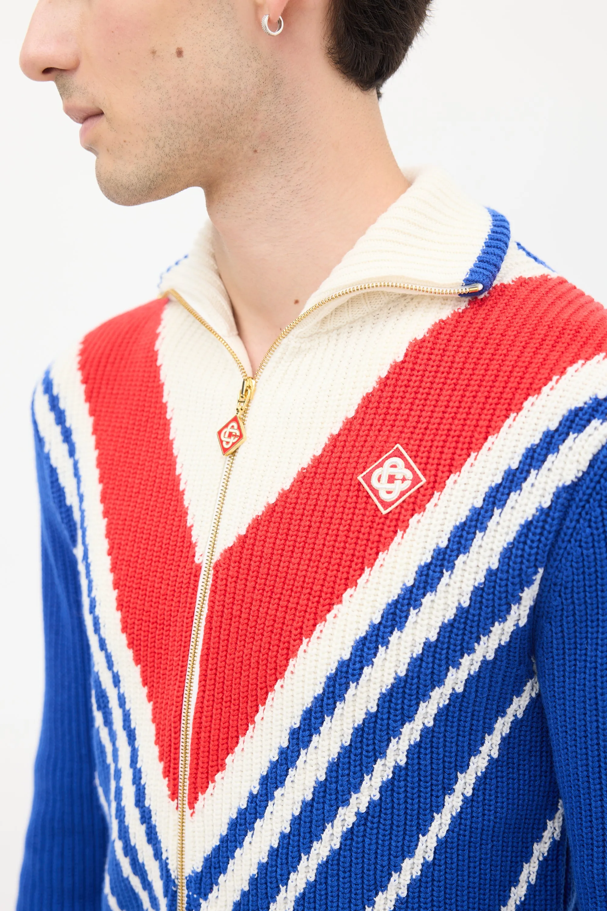 Blue & Multicolour Wool Knit Chevron Zip Sweater
