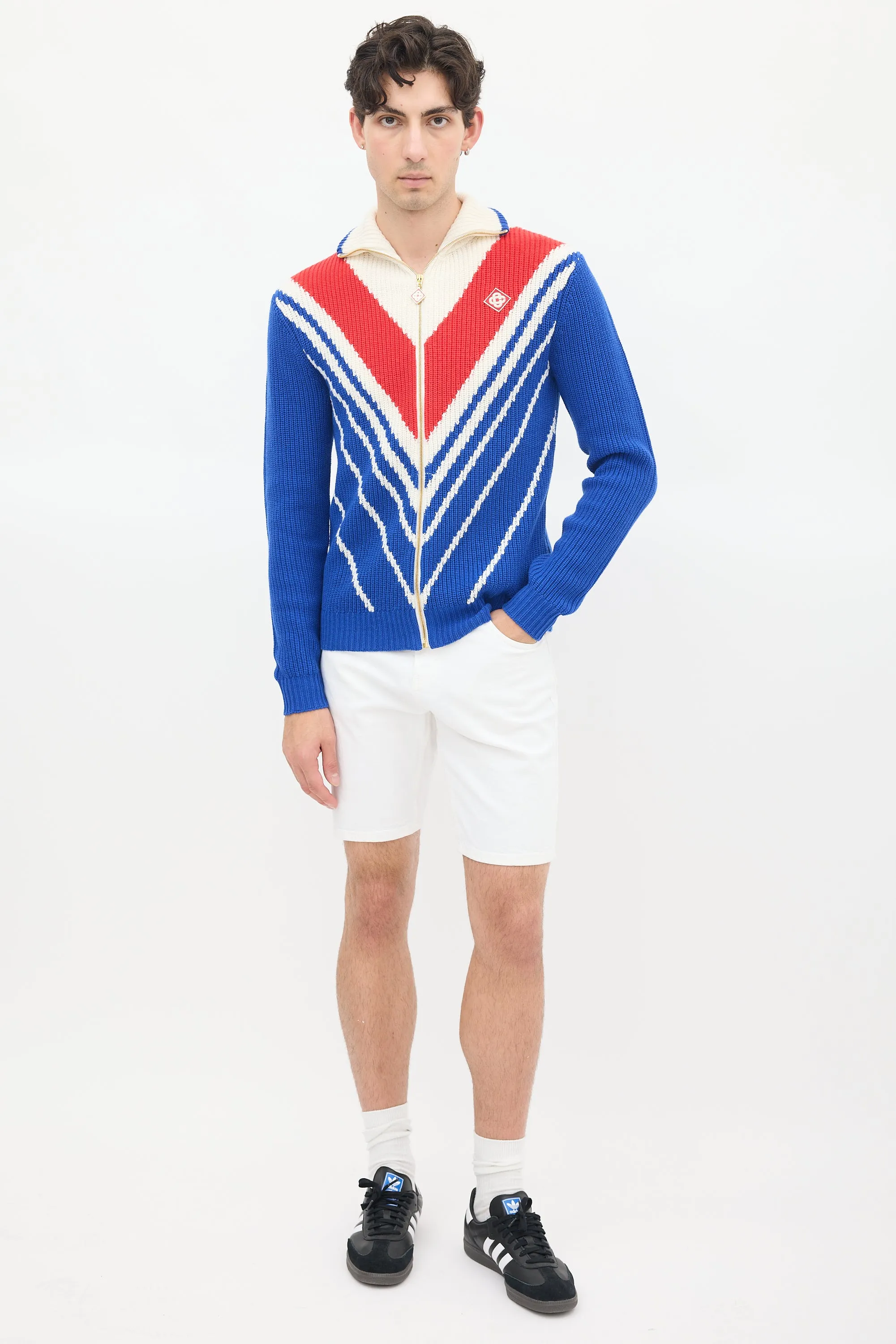 Blue & Multicolour Wool Knit Chevron Zip Sweater