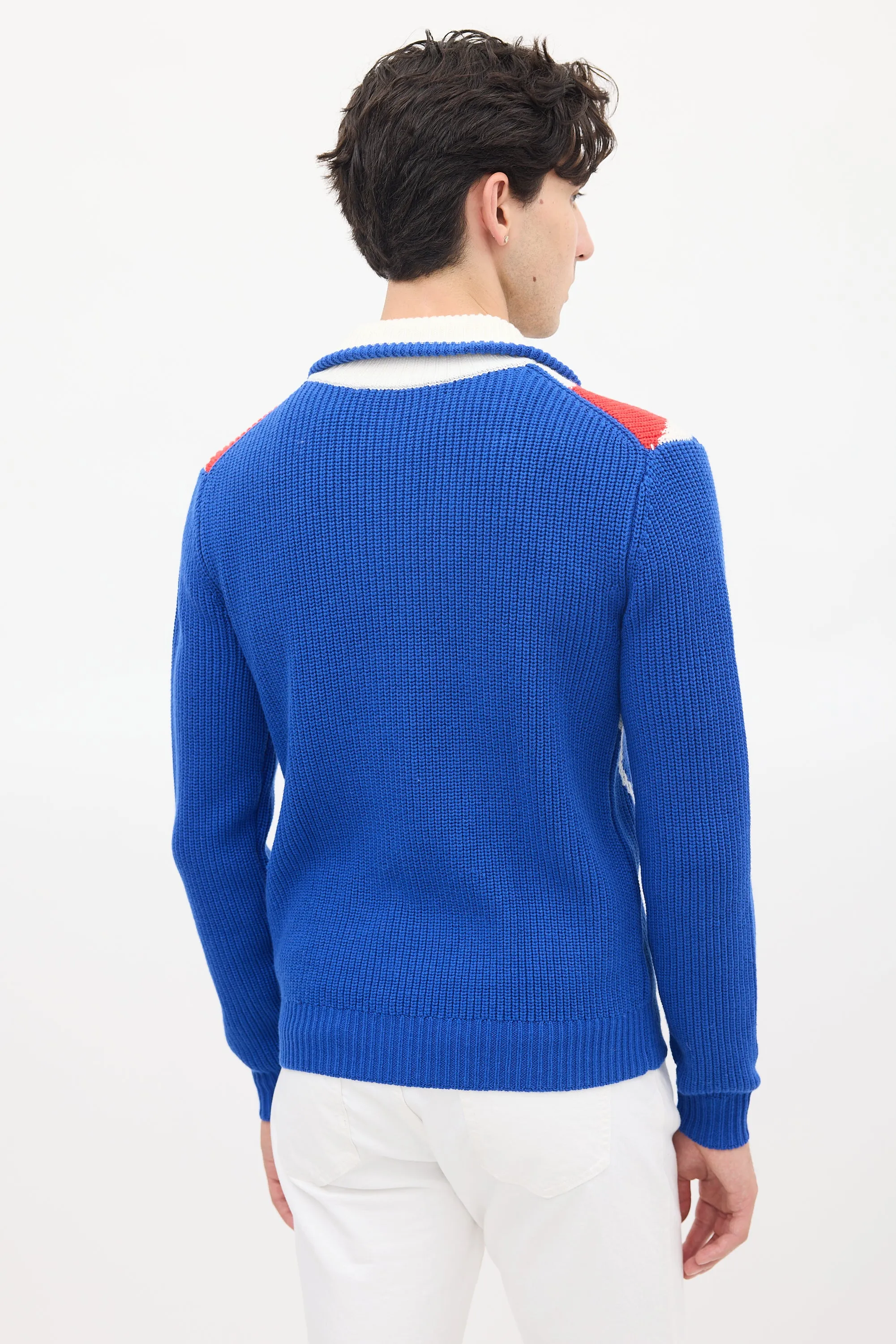 Blue & Multicolour Wool Knit Chevron Zip Sweater