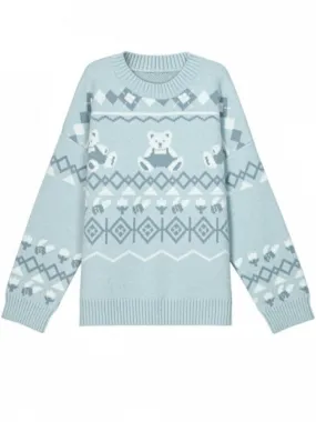 Blue Teddy Bears Pattern Round Neck Cozy Sweater