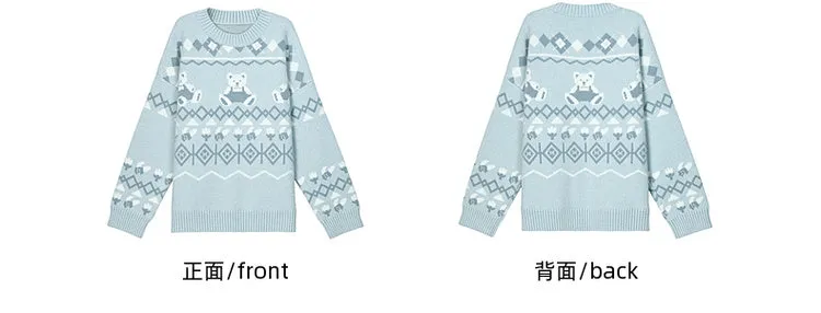 Blue Teddy Bears Pattern Round Neck Cozy Sweater