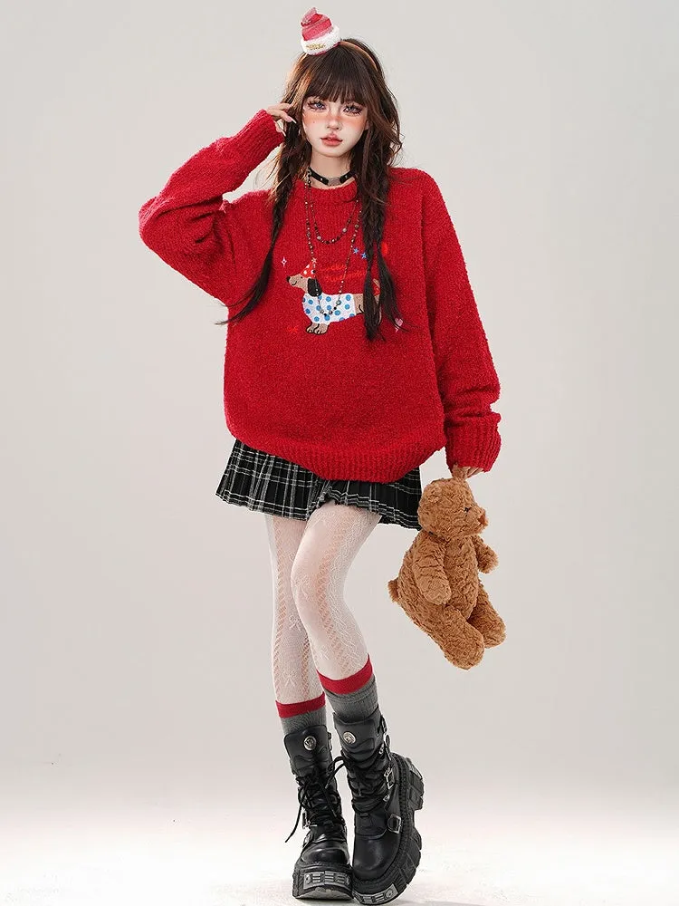 Christmas Red Cute Dachshund Round Neck Loose Sweater