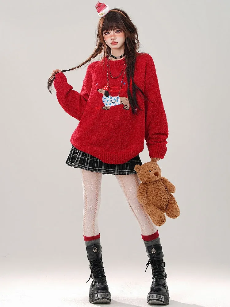 Christmas Red Cute Dachshund Round Neck Loose Sweater