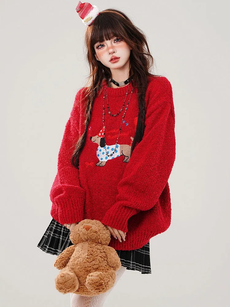 Christmas Red Cute Dachshund Round Neck Loose Sweater