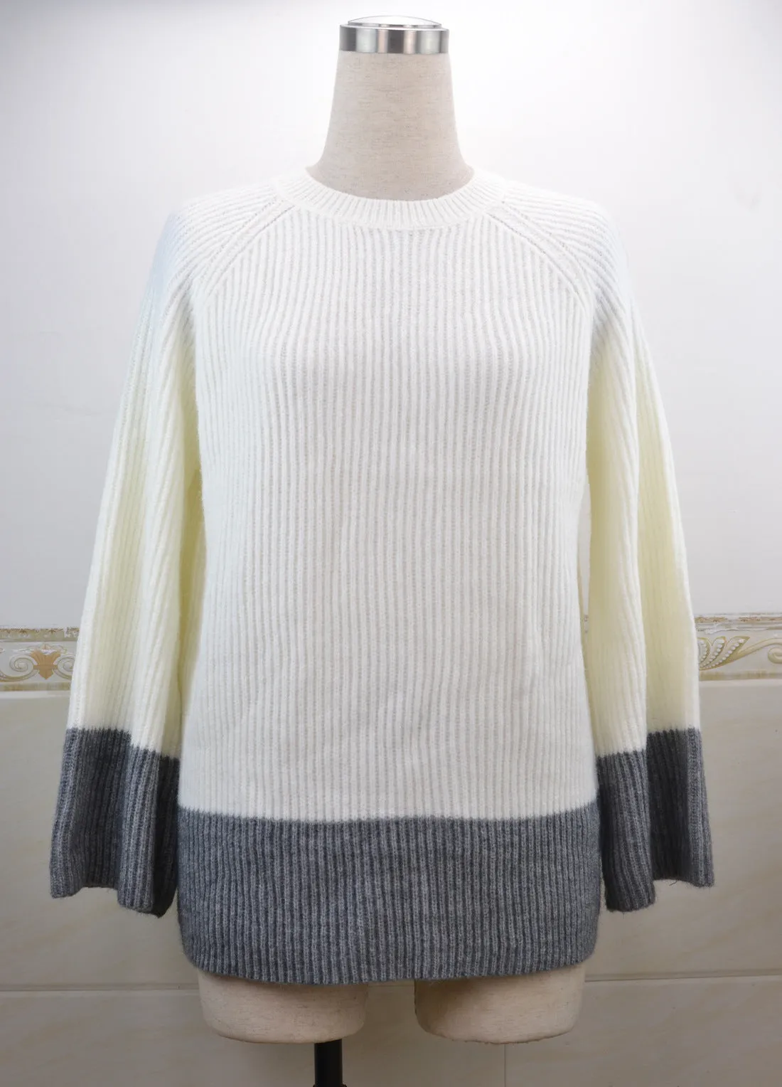 Contrast Panel Long Sleeve Loose Knit Sweater