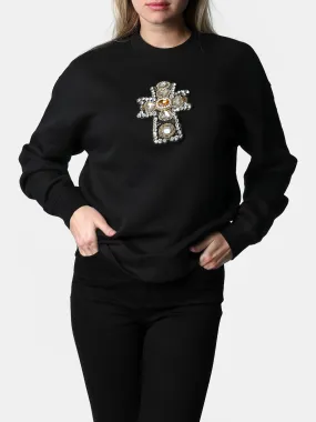 Crystal Cross Patch Black Crewneck Sweater