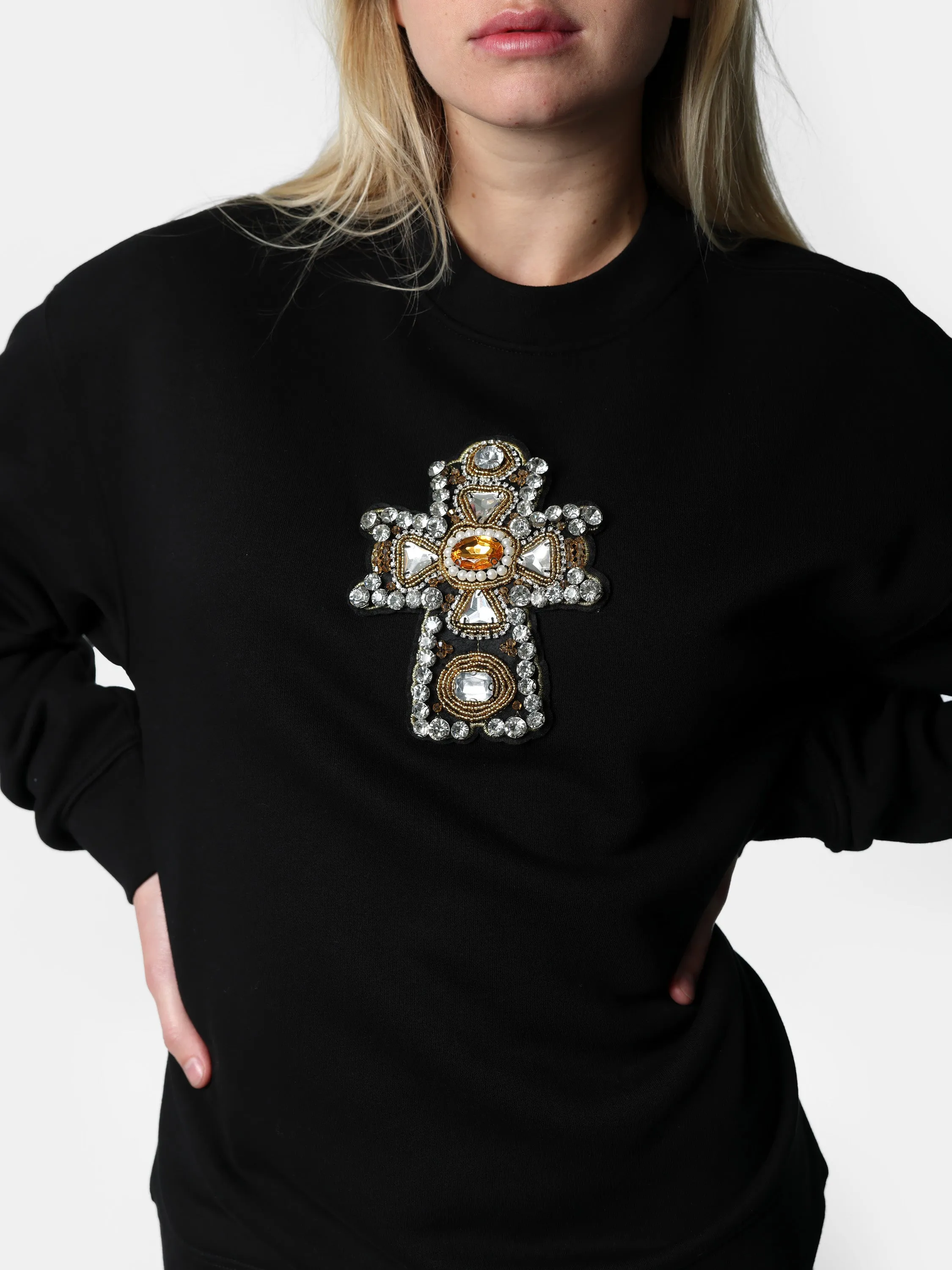 Crystal Cross Patch Black Crewneck Sweater