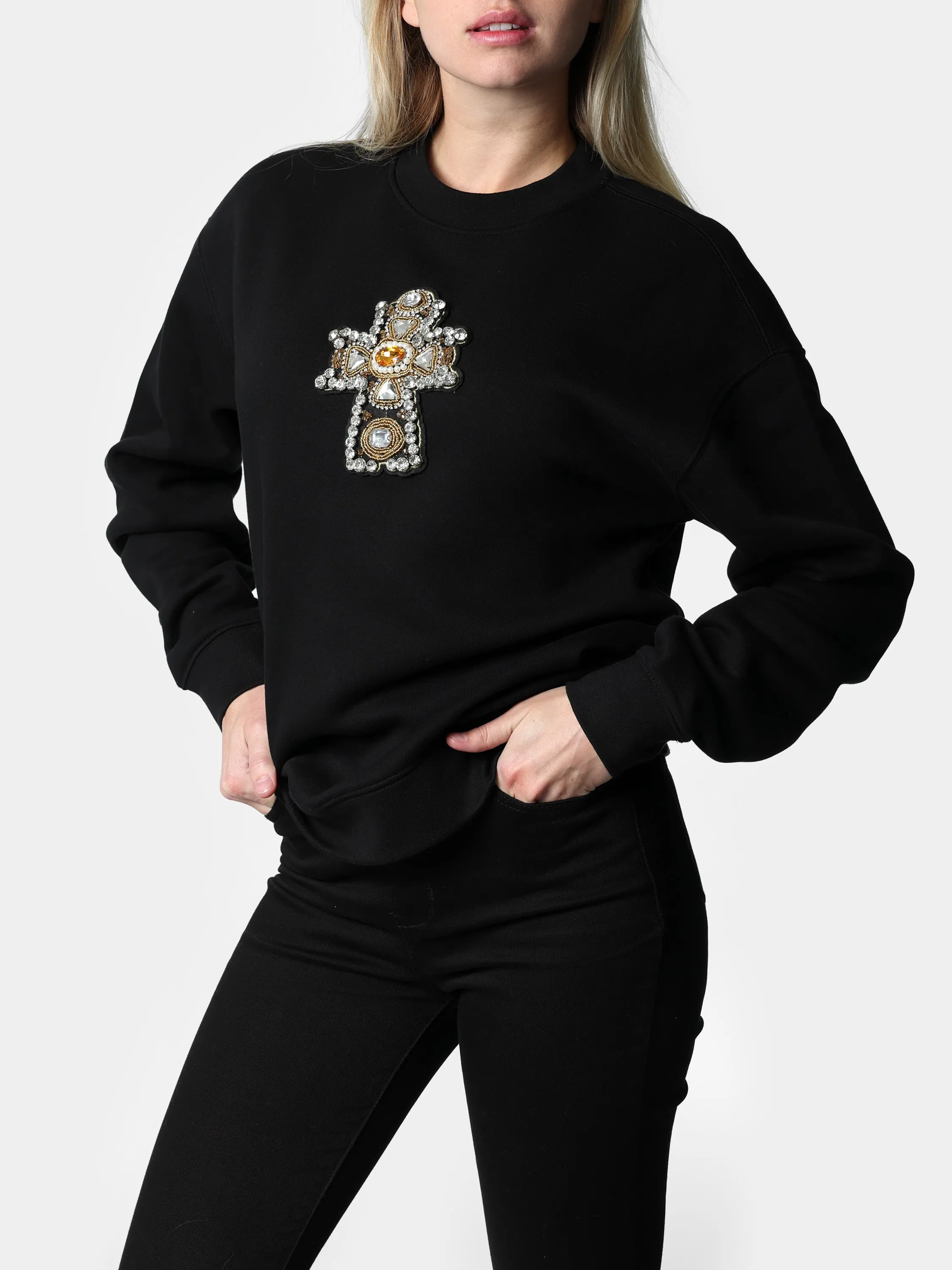 Crystal Cross Patch Black Crewneck Sweater