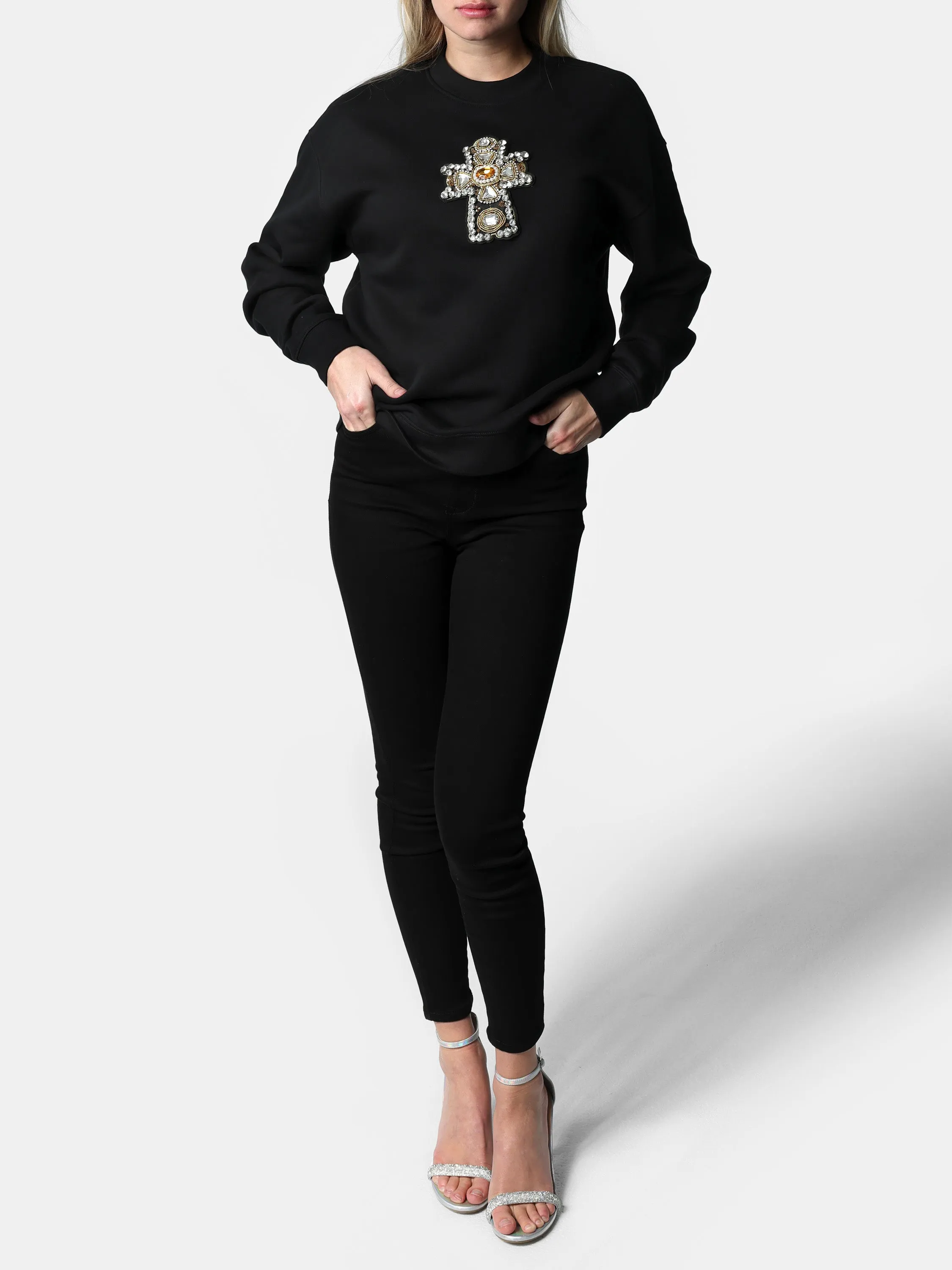 Crystal Cross Patch Black Crewneck Sweater