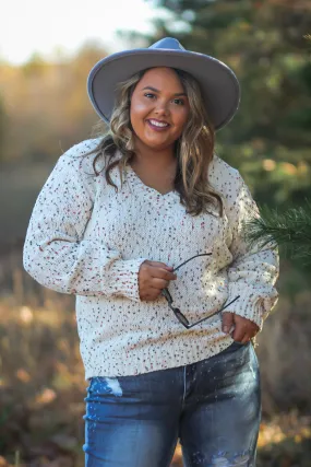 Curvy Cream Confetti V Neck Sweater