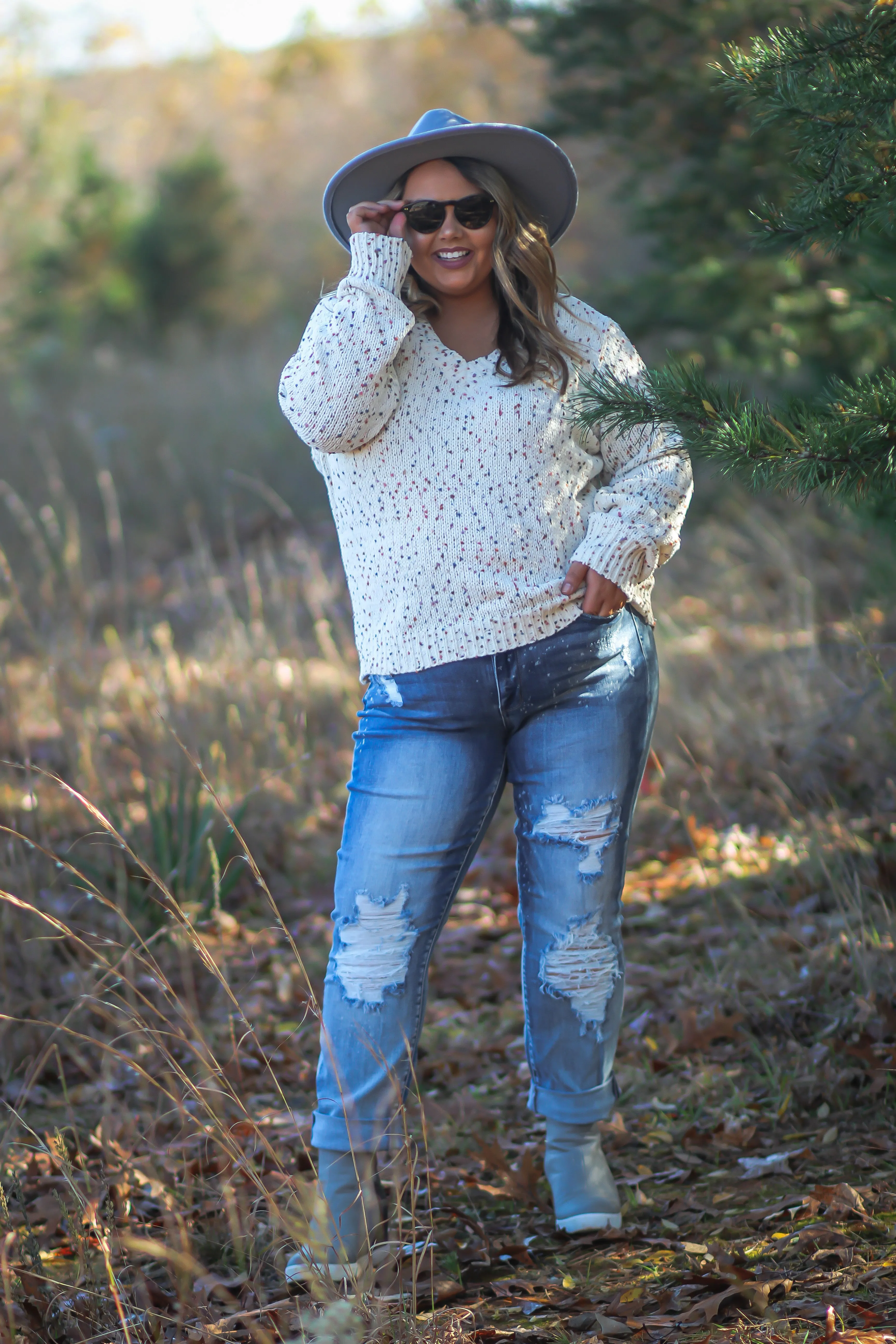 Curvy Cream Confetti V Neck Sweater