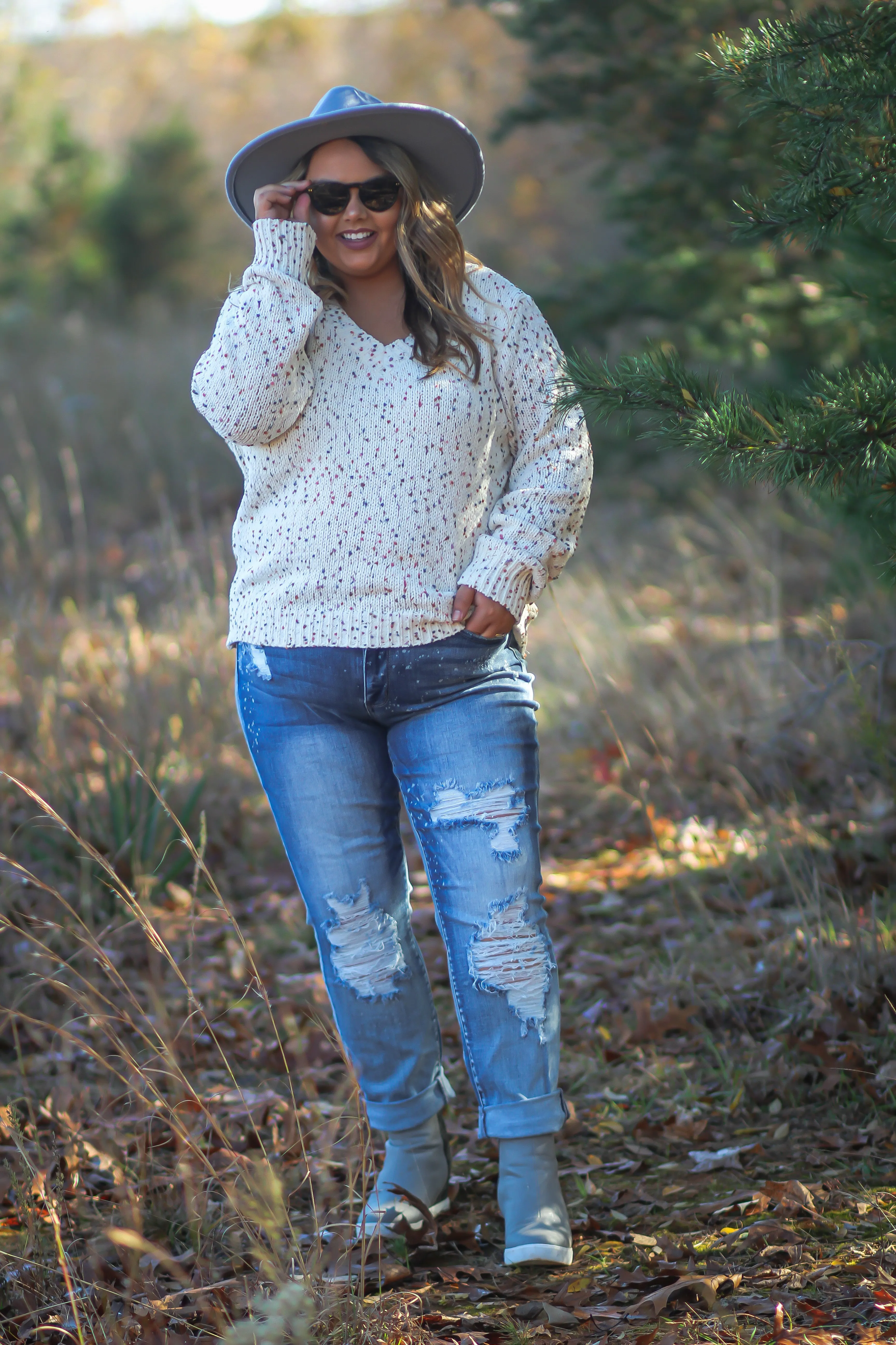 Curvy Cream Confetti V Neck Sweater