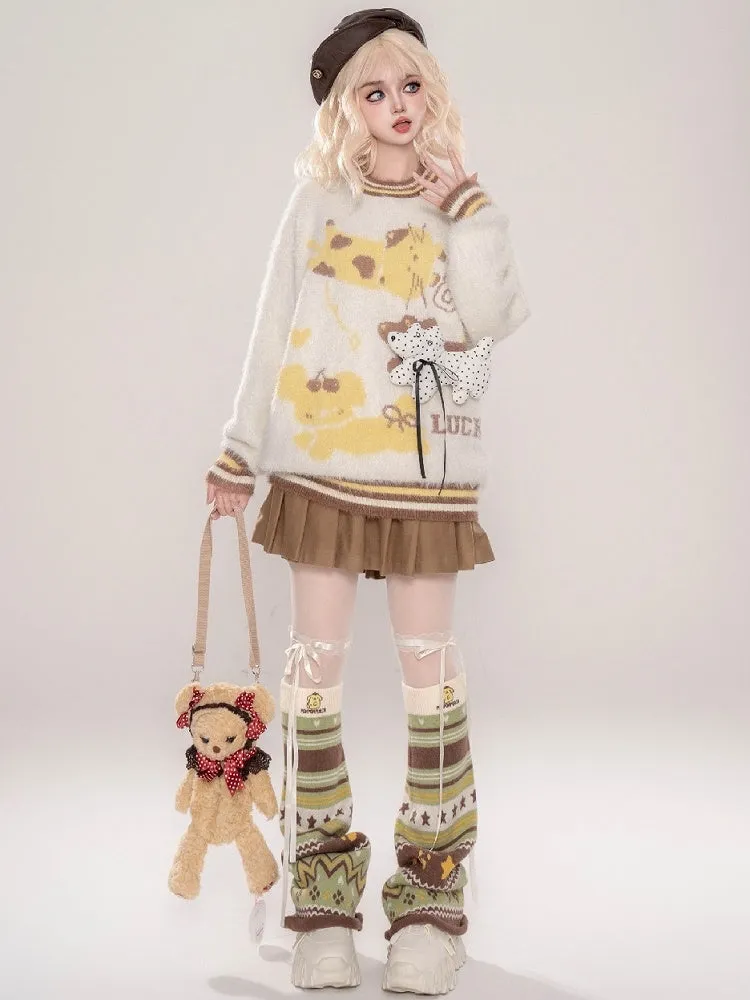 Cute Puppy Adorned Coffee/Apricot Puppies Pattern Round Neck Mohair Sweater