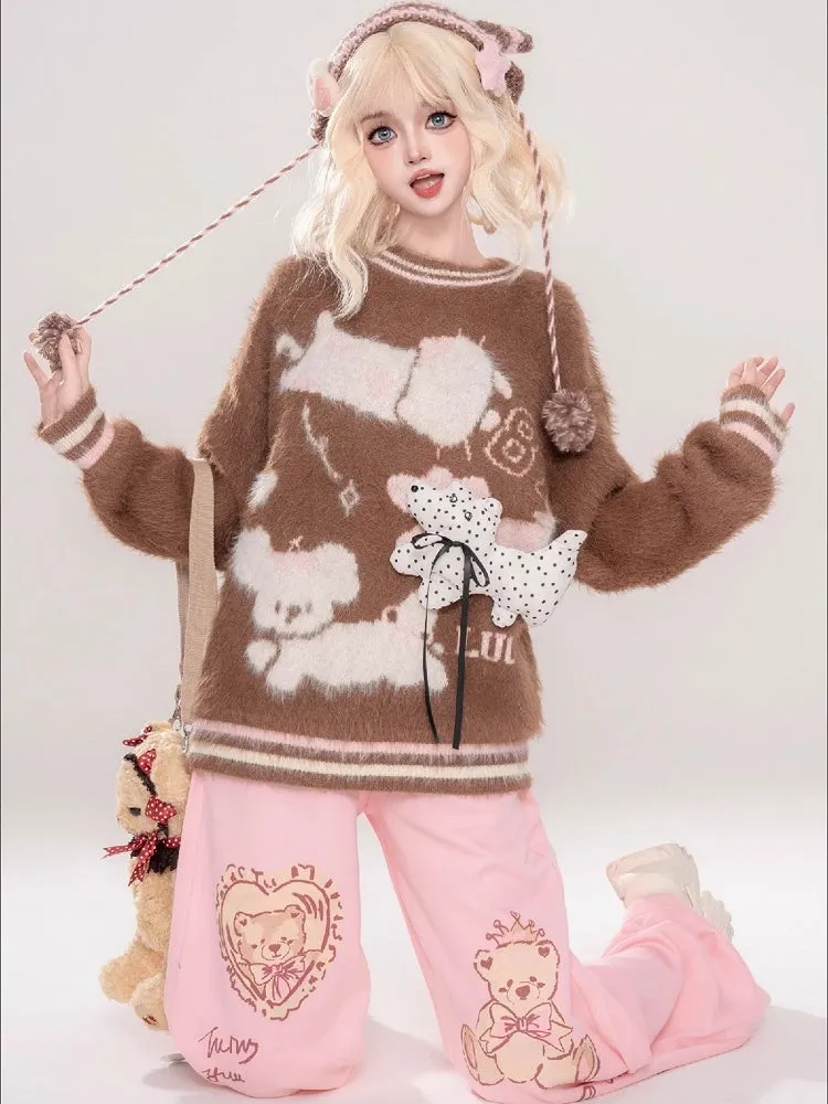 Cute Puppy Adorned Coffee/Apricot Puppies Pattern Round Neck Mohair Sweater