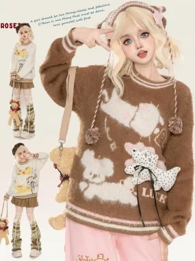 Cute Puppy Adorned Coffee/Apricot Puppies Pattern Round Neck Mohair Sweater