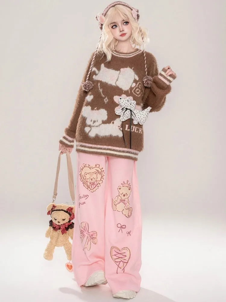 Cute Puppy Adorned Coffee/Apricot Puppies Pattern Round Neck Mohair Sweater