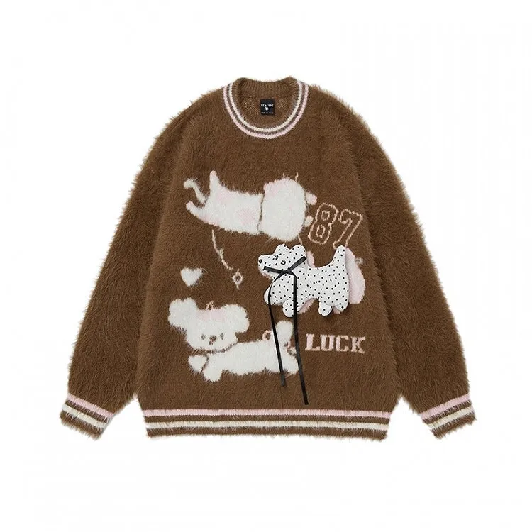 Cute Puppy Adorned Coffee/Apricot Puppies Pattern Round Neck Mohair Sweater