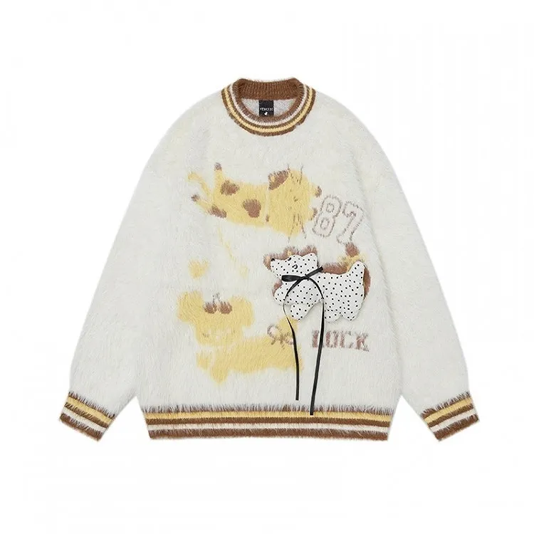 Cute Puppy Adorned Coffee/Apricot Puppies Pattern Round Neck Mohair Sweater