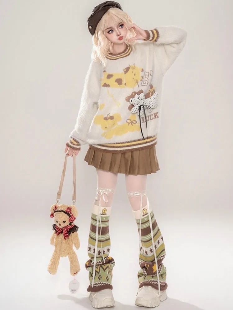 Cute Puppy Adorned Coffee/Apricot Puppies Pattern Round Neck Mohair Sweater