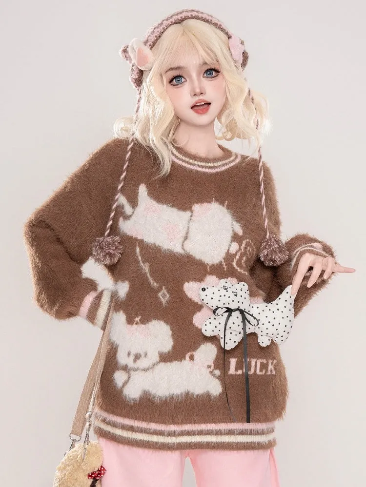Cute Puppy Adorned Coffee/Apricot Puppies Pattern Round Neck Mohair Sweater