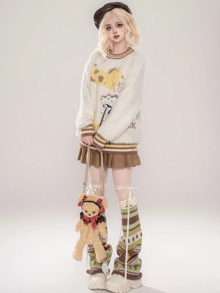 Cute Puppy Adorned Coffee/Apricot Puppies Pattern Round Neck Mohair Sweater